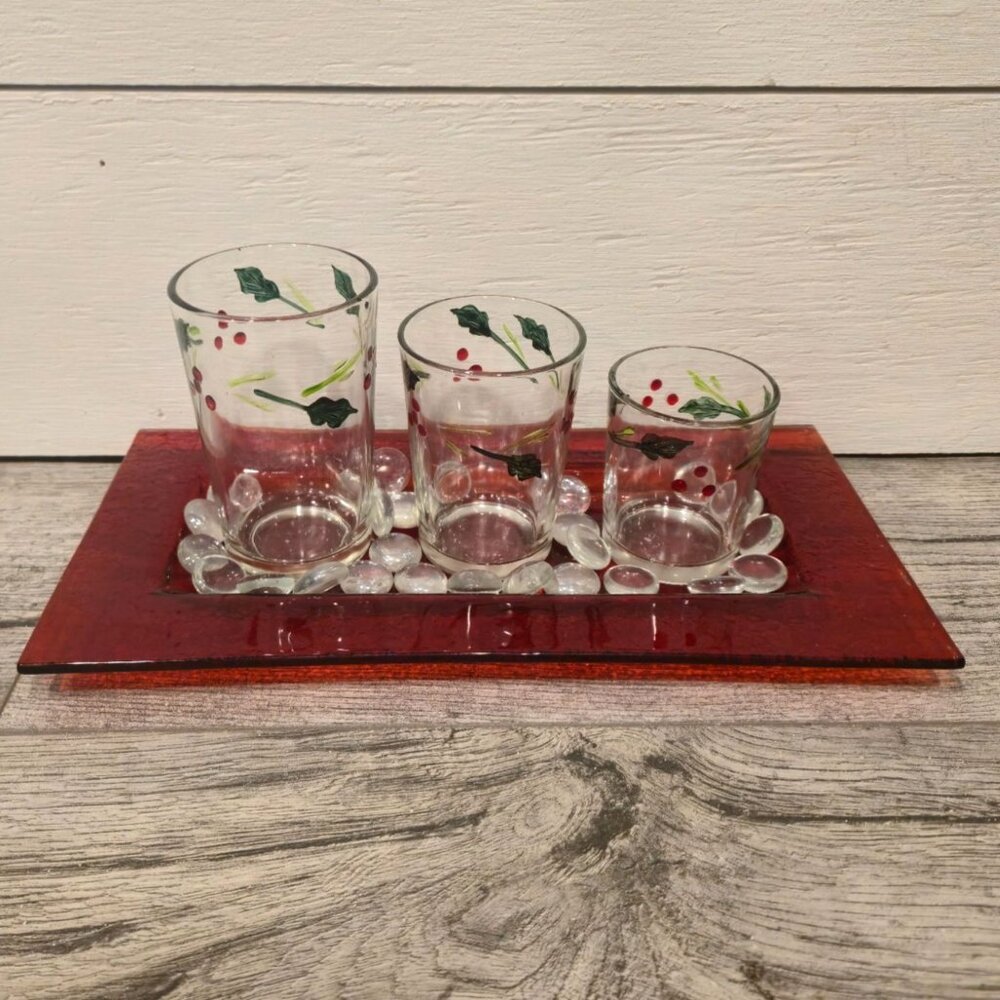 Pfaltzgraff Winterberry Three Glass Votive Candle Holder vintage Christmas Decor - Picture 3 of 12